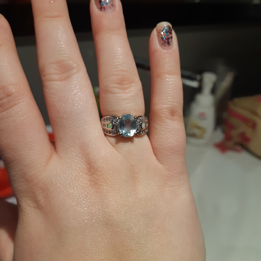 Sterling silver, blue topaz and opal ring